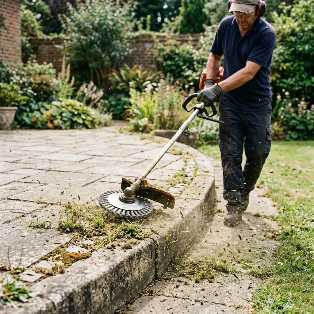 IronCut trimmer head scouring weeds from stone paver patio and concrete curb