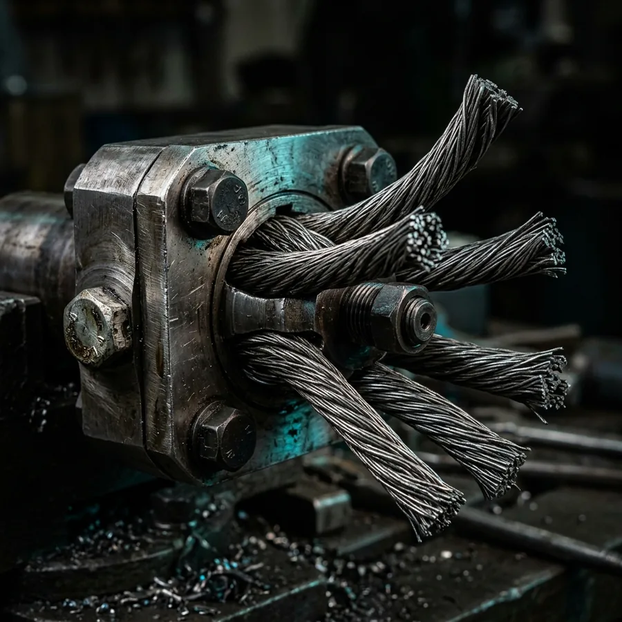 Detailed close up of IronCut braided steel wire hub and terminations